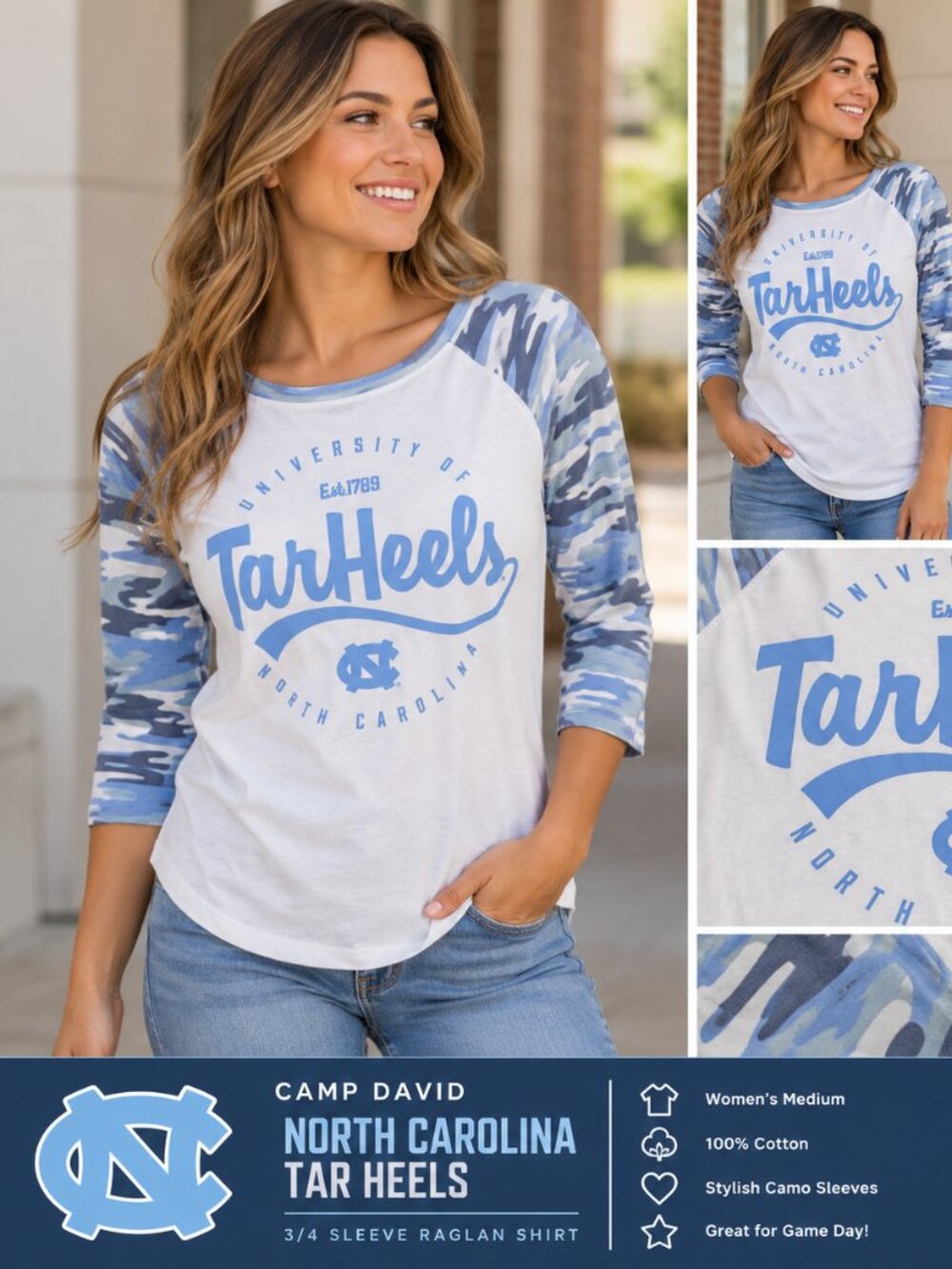 UNC Tar Heels Camo Raglan 3/4 Sleeve Shirt – Women’s M